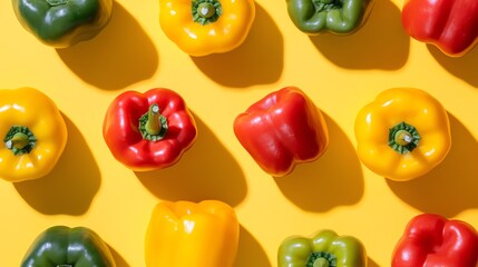 Canvas Print - A pattern of colorful bell peppers on a yellow background.