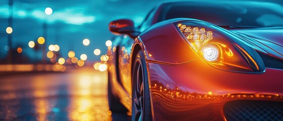 Headlamp light a luxury sports car riding on the road