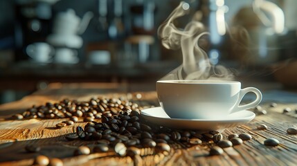 Poster - Steaming coffee in cup and roasted beans on table : Generative AI