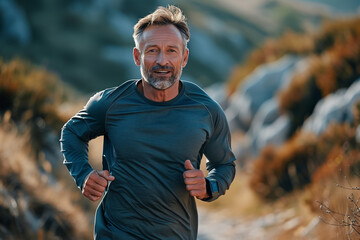 front view focused mature man runs in the mountains with a backpack, hiking in the mountains