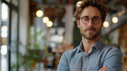Poster - Portrait glasses and business man with arms crossed in startup office for pride in career or job Creative face and confident professional entrepreneur copywriter and employee coworking : Generative AI