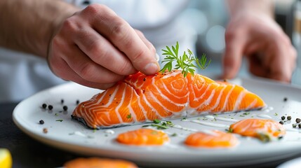 Chef finishing plate with delicious salmon almost ready to serve at the table : Generative AI