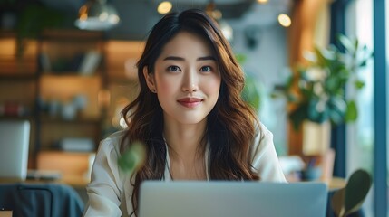 Poster - Young asian woman sitting on online business meeting in office talking to laptop camera explaining something : Generative AI