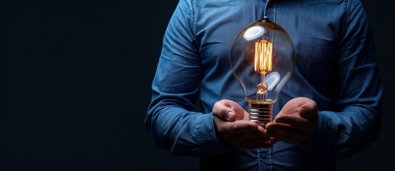 Poster - The image shows a businessman holding a light bulb for a smart innovation business concept.