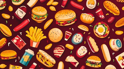 Wall Mural - Colorful fast food icons arranged in a chaotic pattern on a dark red background