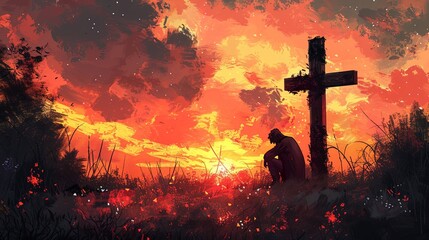 Wall Mural - A figure kneels thoughtfully before a cross, surrounded by an orange-hued sunset, signifying faith, meditation, and nature's beauty in a dynamic, expressive art style.