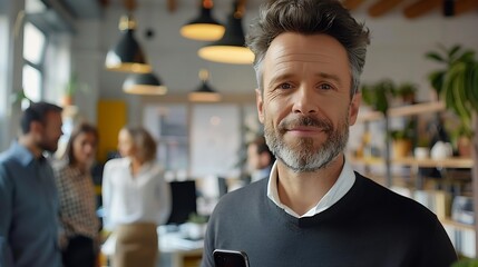 Poster - Business man portrait and smartphone in office with team in background for corporate work and collaboration Male professional mobile or tech with colleagues meeting behind for new job  : Generative AI