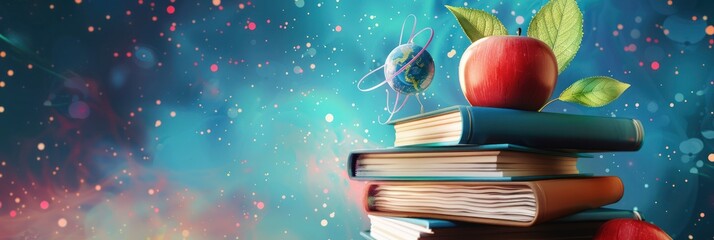 Knowledge and Wisdom: A Stack of Books, an Apple, and a Globe