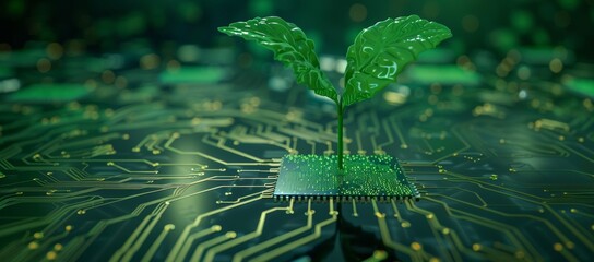 Poster - Green plant growing on a computer circuit board. Stock image.