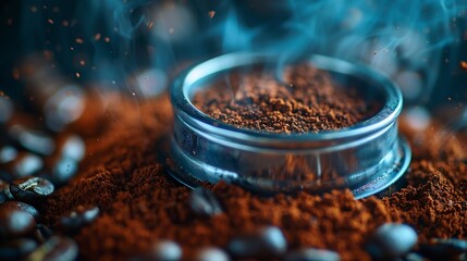 Poster - Tamped puck of coffee grounds within basket of portafilter and coffee beans spilled around in a dark and moody scene of natural light : Generative AI