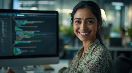 In the office, a young woman working on a laptop with a smart Indian IT developer programmer.