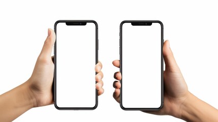 Poster - Several hands are holding a white smartphone with a blank screen on a white background.