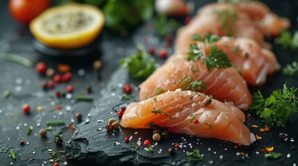 Poster - Fresh chicken fillet on a dark concrete table with spices and herbs Preparation for cooking meat dishes : Generative AI