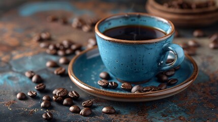 Aufkleber - A cup of aromatic black coffee and coffee beans on the table Morning Coffee Espresso for breakfast in a beautiful blue cup : Generative AI