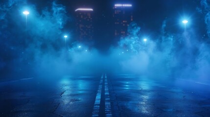 Poster - Dark street of the night city Dark blue background an empty dark scene neon spotlights reflecting on the asphalt floor and a studio room with smoke floating up a night view the city : Generative AI
