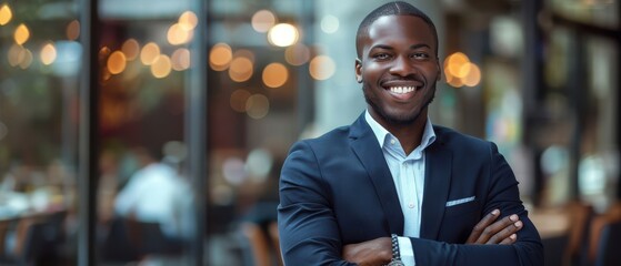 Portrait of a smiling, confident African American man in a business suit, standing in a bright, modern office. Free copy space for banner.