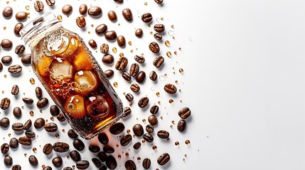 Aufkleber - Americano ice coffee and coffee bean out of bottle on white background with isolate concept : Generative AI