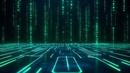 Wall Mural - Futuristic digital matrix background with green code lines falling and a glowing circuit board, representing cyberspace and technology.