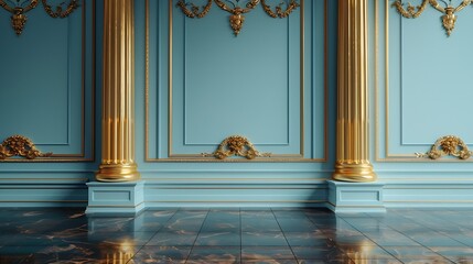 Poster - Luxury room interior with golden molding decor and blue wall in vintage style Classical architecture background mockup : Generative AI