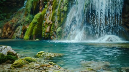 Poster - Tranquil waterfall with mosscovered rocks and clear teal water exhibiting serene natural beauty : Generative AI
