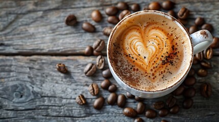 Poster - Cup of coffee latte with heart shape and coffee beans on old wooden background : Generative AI