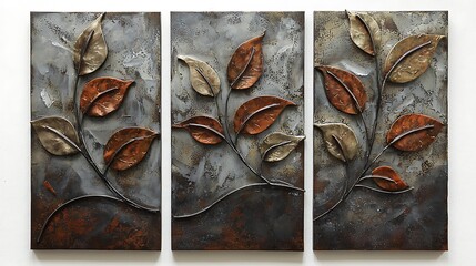 set of three abstract wall art panels with leaves