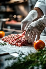 Wall Mural -  Gloved butcher carefully slicing meat 