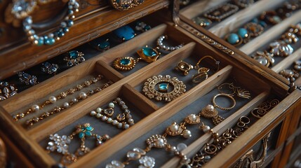 Jewelry box with many different accessories in wooden drawer closeup : Generative AI