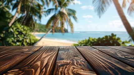 Aufkleber - Empty wooden table with blurred beach with coconut trees in the background : Generative AI