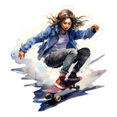 Poster - PNG watercolor illustration of woman playing skateboard, urban life isolate illustration on paper --ar 3:2