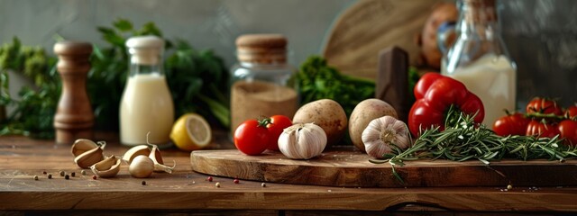 Fresh vegetables and herbs on a rustic wooden kitchen table