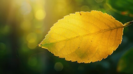 Wall Mural - A yellow leaf glows in light against a blurred green background on an early autumn day