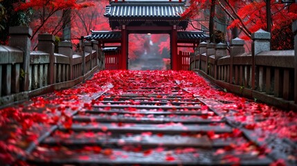 Poster - Autumn in Japan Kyoto entrance of the temple Bishamondo covered with red leaves : Generative AI