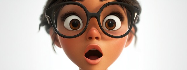 Poster - 3D Cartoon of a Young Woman with Thick Glasses and a Surprised Expression on White Background