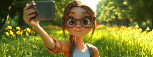 3D Cartoon of a Young Beautiful Woman Taking a Selfie in the Outdoors