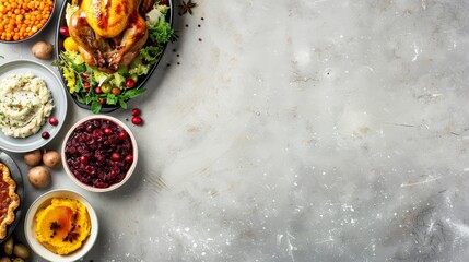 Wall Mural - Flat lay of Thanksgiving day dinner with turkey