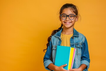 Wall Mural - Laughable schoolgirl on a yellow background.