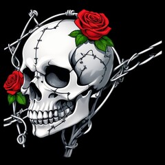 Skull and red roses inside barb wire