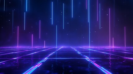 Wall Mural - Futuristic neon lights, vibrant colors, and a grid pattern create a mesmerising cyberpunk digital background perfect for technology and science fiction themes.