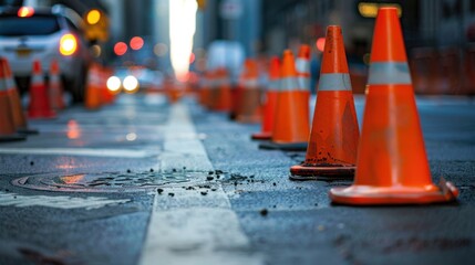 A close-up of orange traffic cones lined up on a city street, ready for roadwork