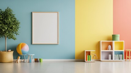 Colorful learning rooms for pre-primary students or young children blank mockup frames on painted colorful wall of kindergarten or children playroom, display and show mockup