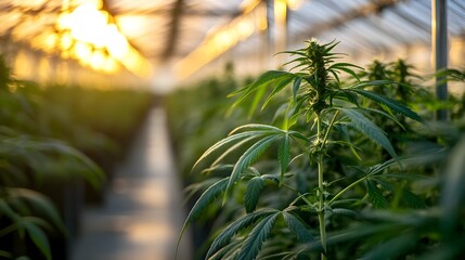 Poster - Controlled Environment for Medical Cannabis Cultivation and Production A professional cannabis growing facility with rows of healthy plants under precisely regulated lighting and environmental