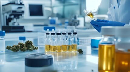 Poster - Cannabis Extract Laboratory Research and Analysis Scientists Conducting Experiments and Studies on Cannabis Compound Extraction and Formulation