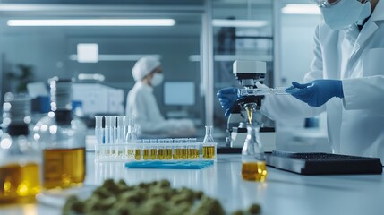 Poster - Cannabis extract examination and analysis in a professional laboratory setting with scientists vials glassware and other scientific equipment