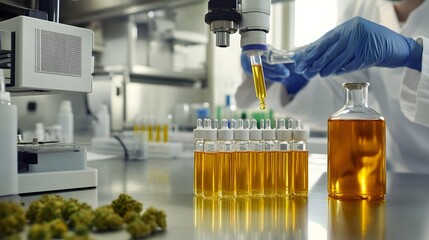 Poster - Meticulous Cannabis Extract Examination in Pristine Laboratory Setting with Scientists Conducting Experiments and Analyzing Samples