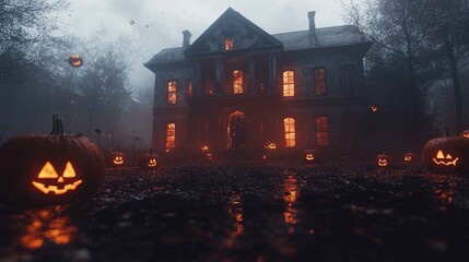 Eerie 3D-Rendered Haunted House with Glowing Windows and Floating Jack-o'-Lanterns in Swirling Fog