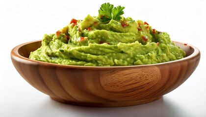 Guacamole in a wooden bowl isolated on white background 