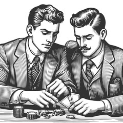 two men in suits and hats playing cards, focused on their game, classic gambling scene sketch engraving generative ai vector illustration. Scratch board imitation. Black and white image.