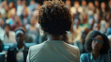 Poster - Female speaker giving a talk on corporate business conference Unrecognizable people in audience at conference hall Business and Entrepreneurship event : Generative AI