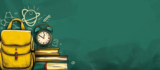 Wall Mural - The concept of back to school on a green background with a yellow backpack and an alarm clock. This is an example of a 3D rendering and 3D illustration.